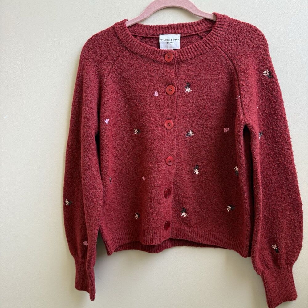Willow & Wind Red Embroidered Knit Crew Neck Button-Front Cardigan Sweater XS